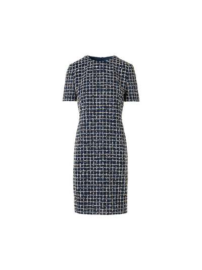 Designer Kurzärmeliges Etuikleid mit Tweed-Check-Stickerei auf Voile - Blau