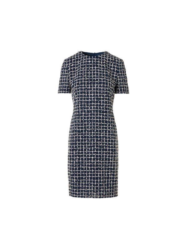 Designer Kurzärmeliges Etuikleid mit Tweed-Check-Stickerei auf Voile - Blau