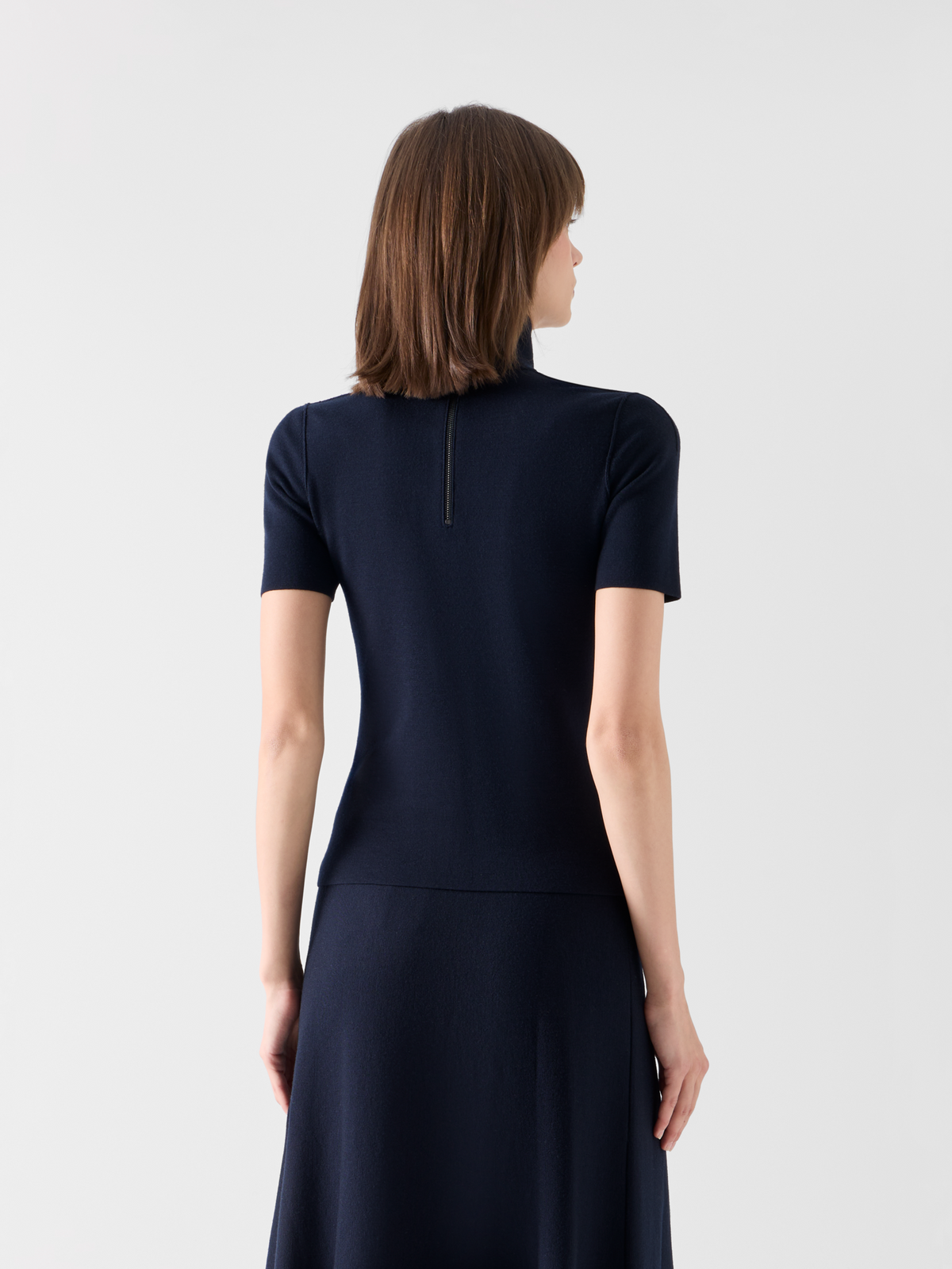 Designer Kurzarm-Pullover aus Woll-Milano-Strick - Dunkelblau 