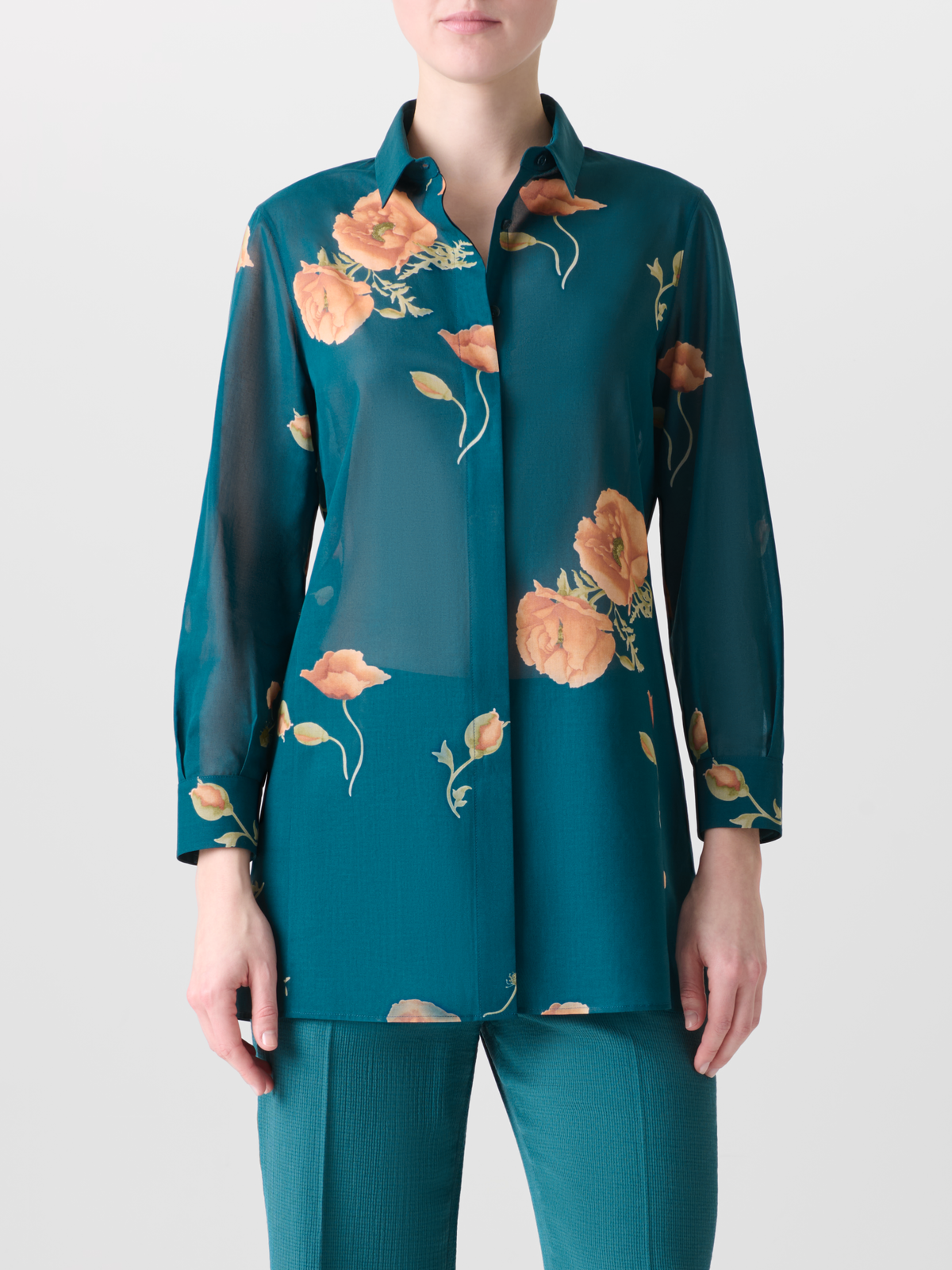 Designer Baumwoll-Tunika-Bluse mit Anemone Druck - Grün - Bunt