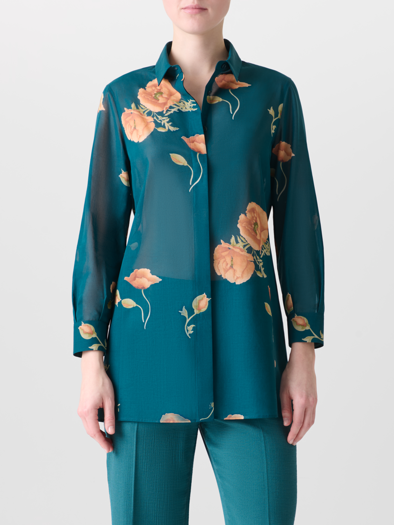 Designer Baumwoll-Tunika-Bluse mit Anemone Druck - Grün - Bunt