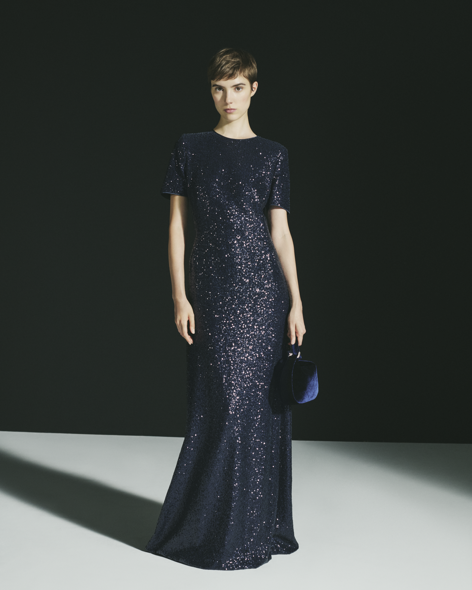 Designer Langes Pailletten-Abendkleid mit kurzen Ärmeln - Dunkelblau - Blau 