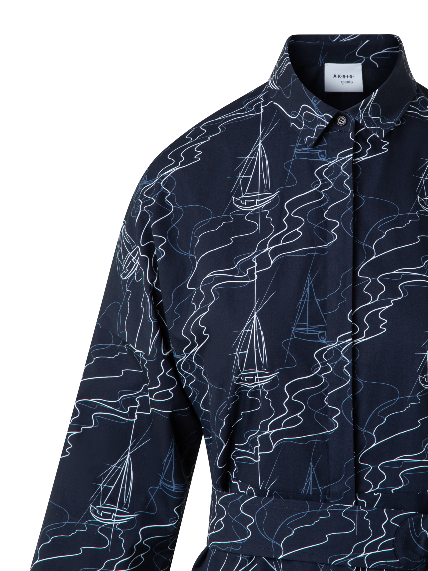 Designer Midi-Blusenkleid mit Sailboat Druck - Dunkelblau - Blau - Bunt