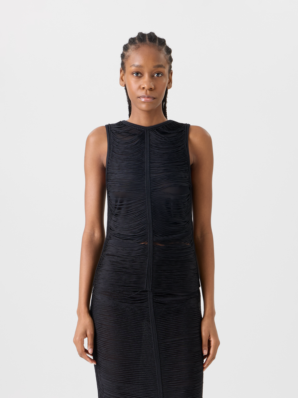 Designer Seidenstrick-Top mit Fransendrapierung - Schwarz #editorial