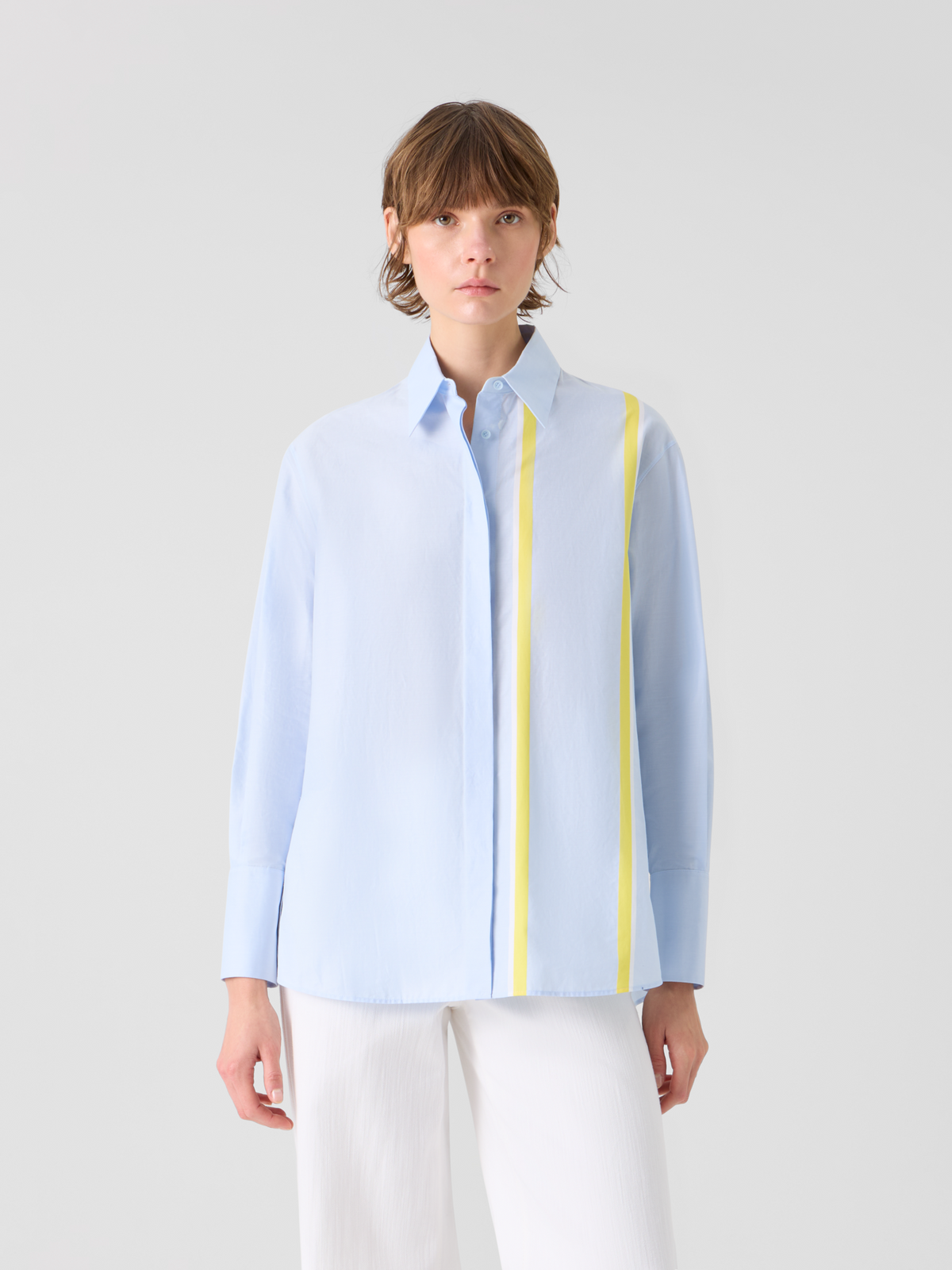Designer Gestreifte Hemdbluseaus Baumwoll-Chambray - Blau #editorial