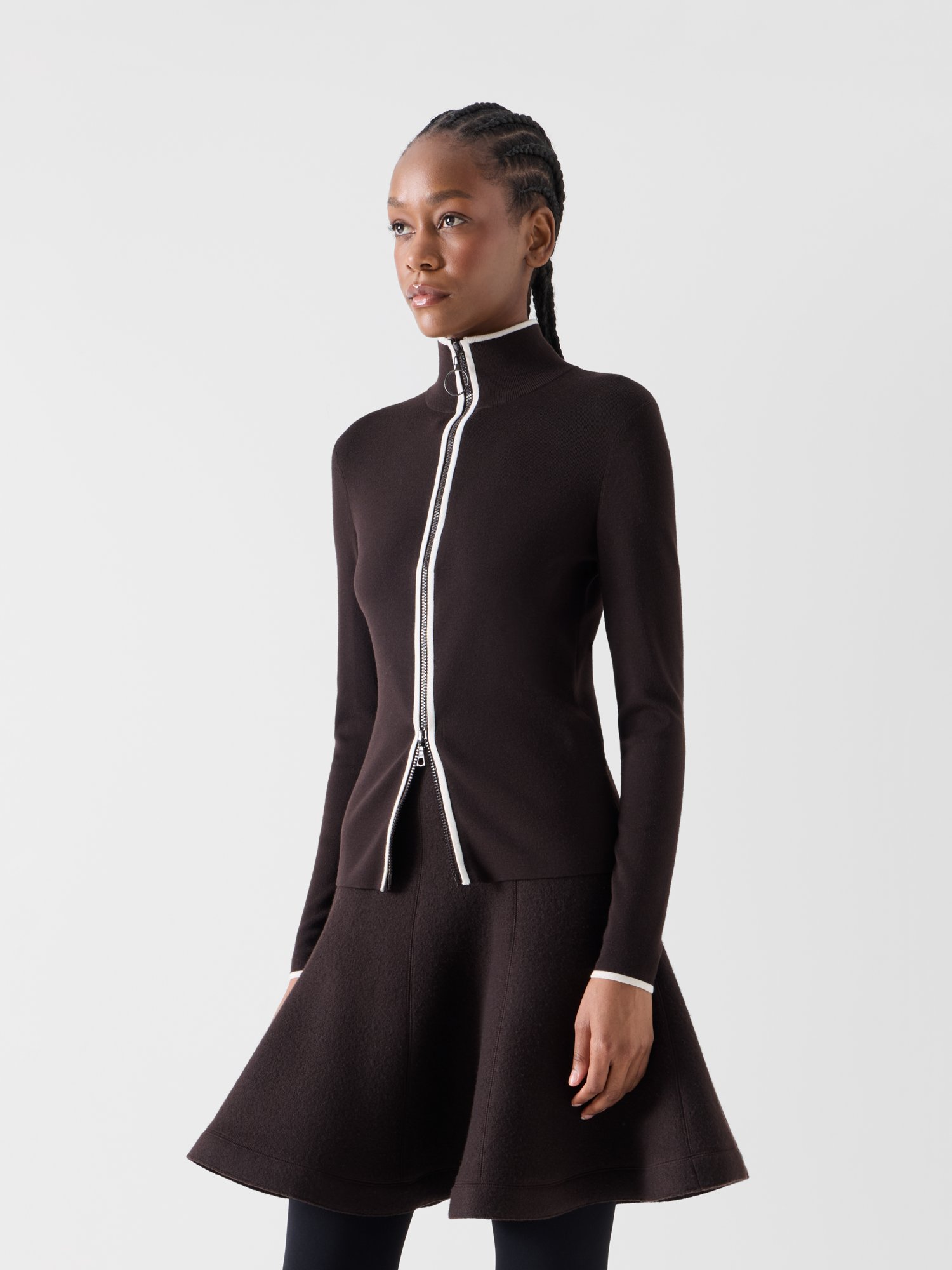 Designer Taillierter Zipp-Cardigan mit Kontrastpaspel - Braun 