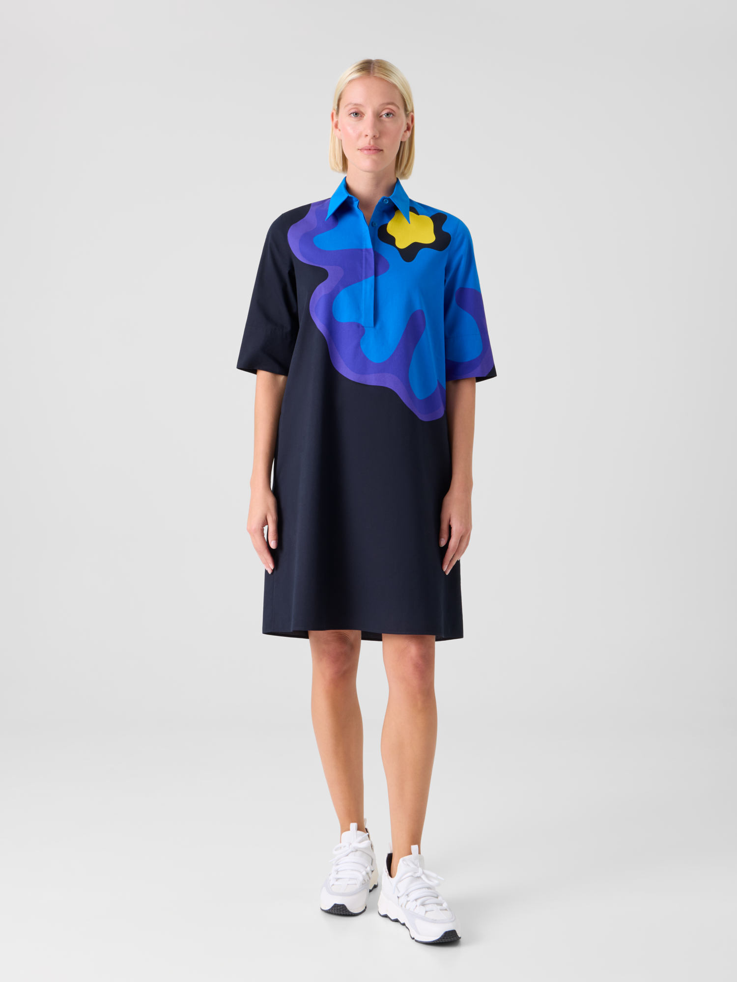 Designer XL-Pop-Dot-Blumen-Baumwollkleid - Dunkelblau 