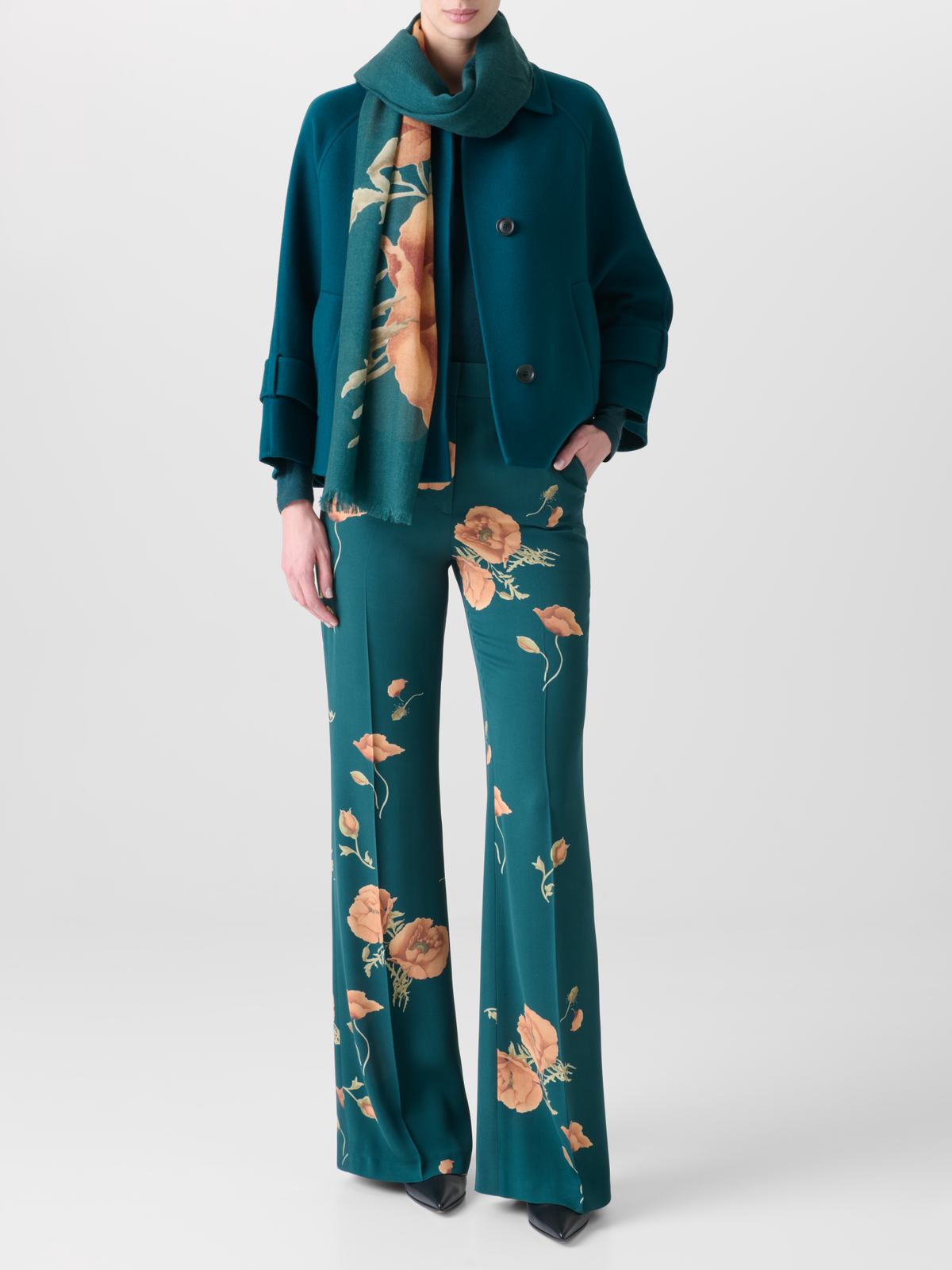 Designer Kaschmir-Seidenschal mit Anemone Druck - Grün - Bunt #editorial