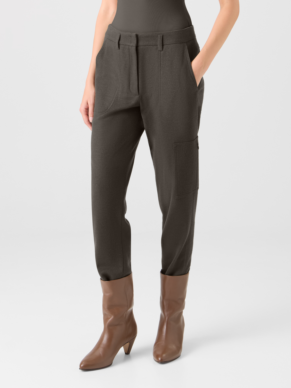 Designer Konische Cargo-Hose aus gerauhtem Wolljersey - Braun #editorial