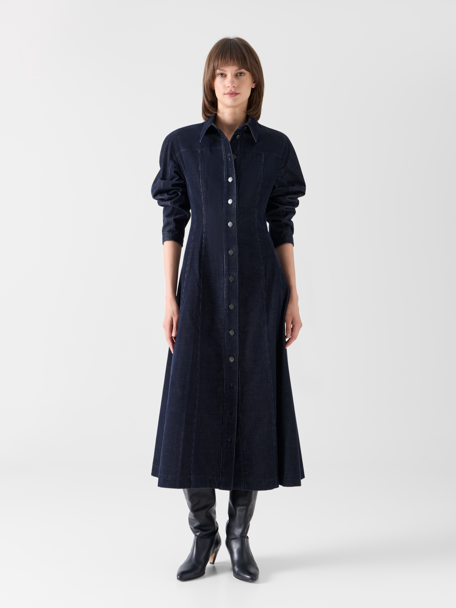 Designer Fit-and-Flare Midikleid aus Changeant-Mikrocord - Dunkelblau 