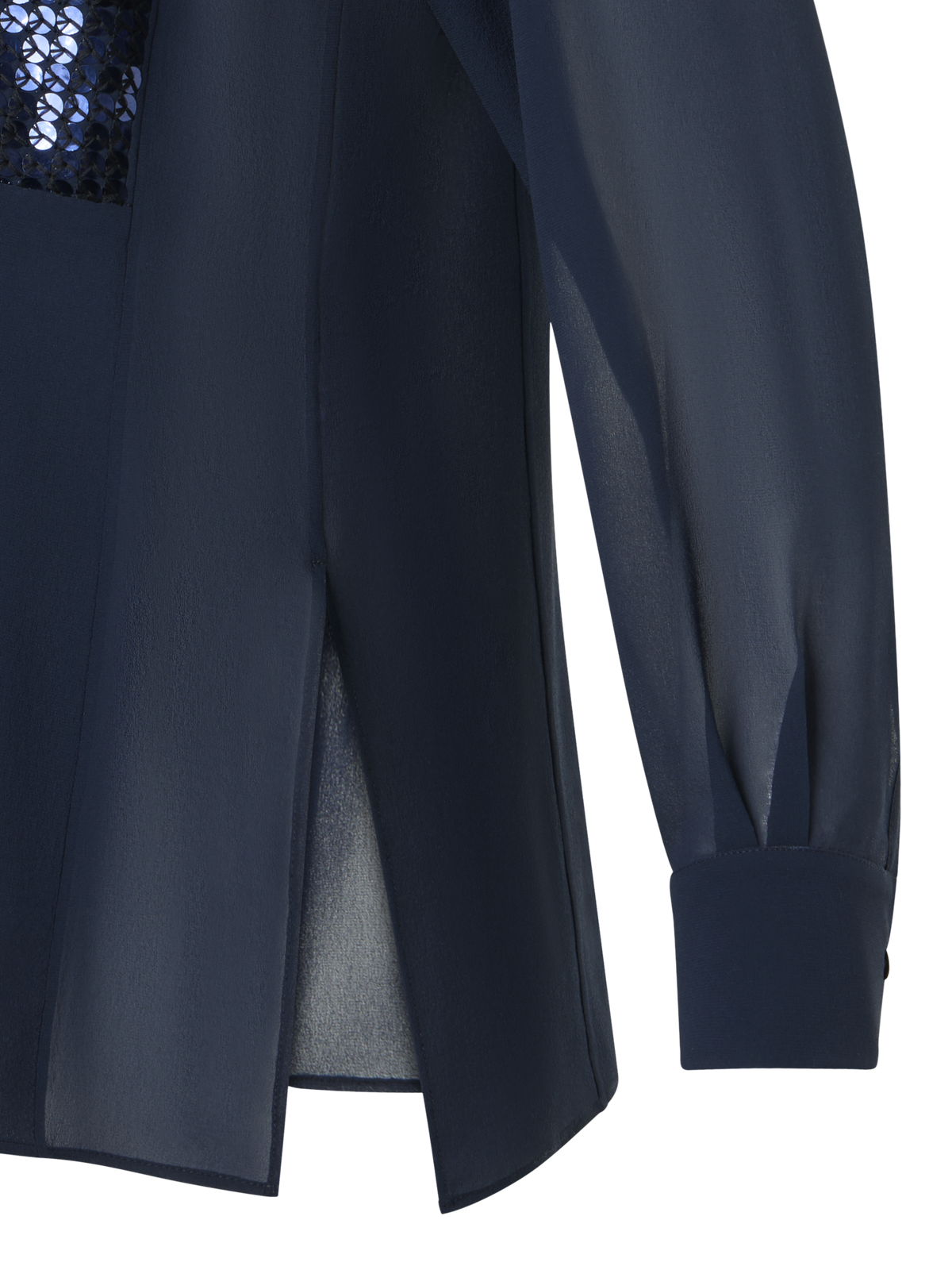 Designer Seiden-Georgette-Bluse mit Pailletten-Plastron - Dunkelblau - Blau