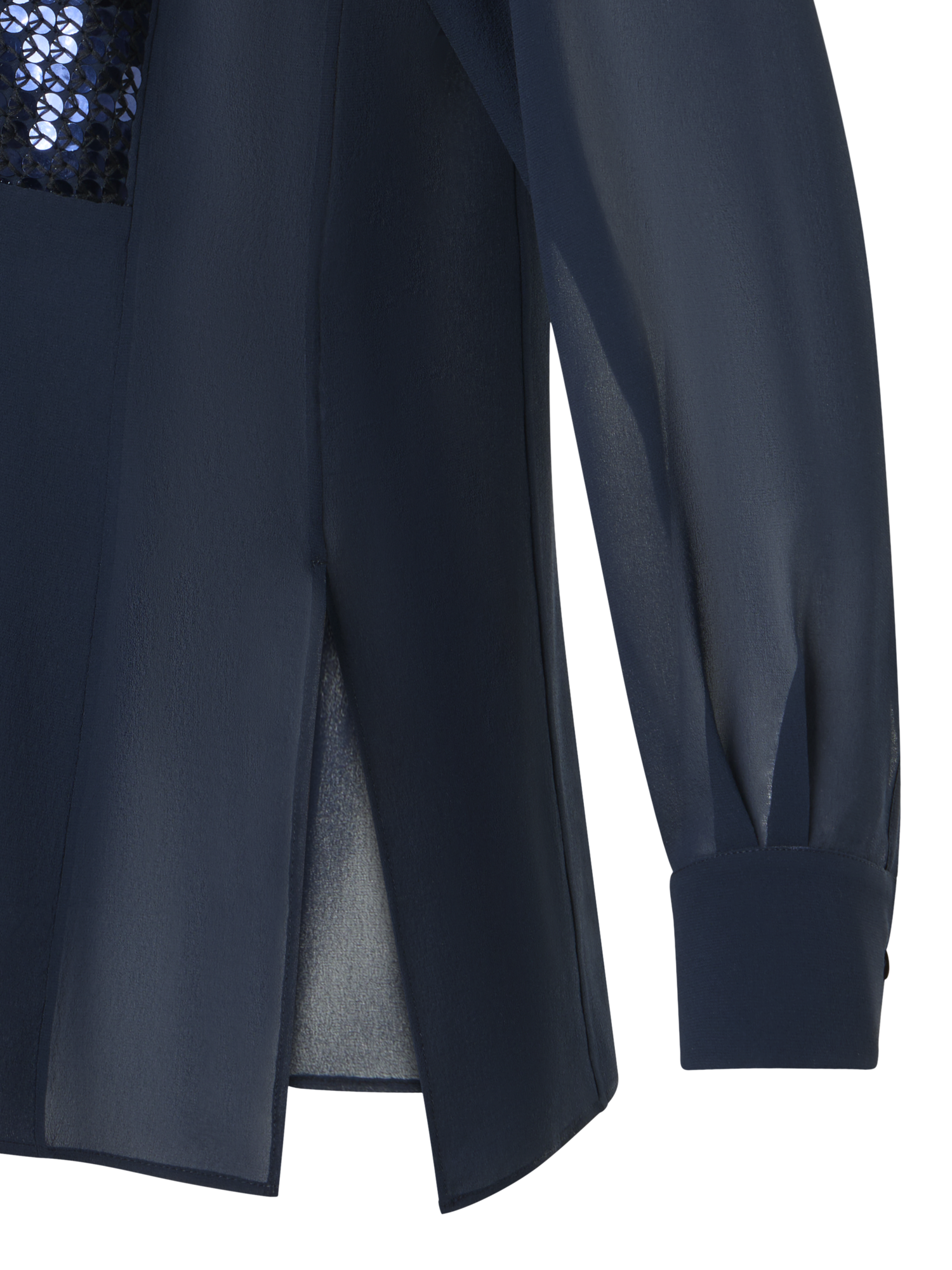 Designer Seiden-Georgette-Bluse mit Pailletten-Plastron - Dunkelblau - Blau