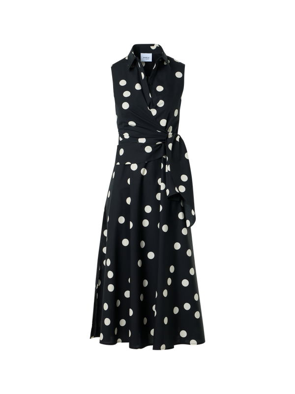 Designer Midi-Wickelkleid aus Baumwoll-Popeline mit Polka-Dots - Schwarz