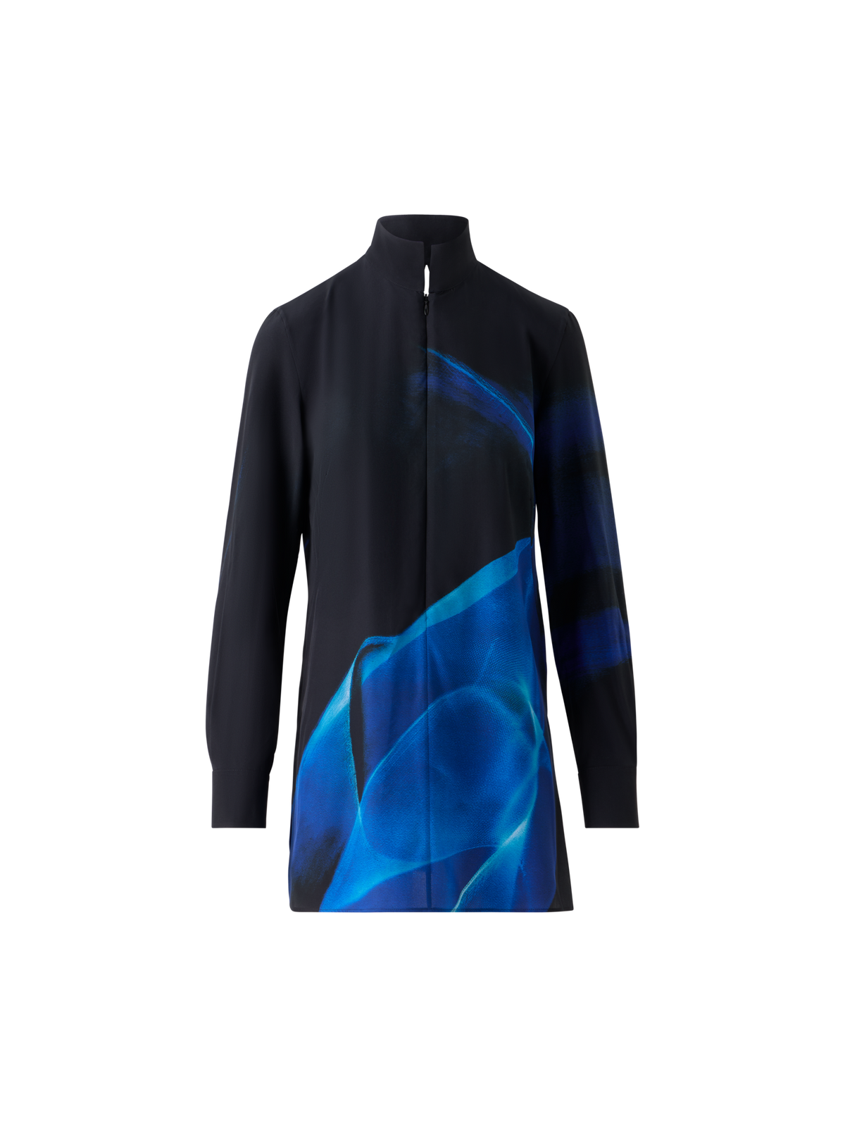 Designer Seiden-Tunikabluse im Alyson Cyanotype Print - Dunkelblau - Blau