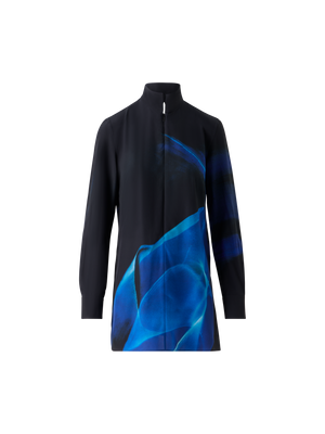 Designer Seiden-Tunikabluse im Alyson Cyanotype Print - Dunkelblau - Blau