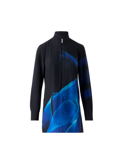 Designer Seiden-Tunikabluse im Alyson Cyanotype Print - Dunkelblau - Blau