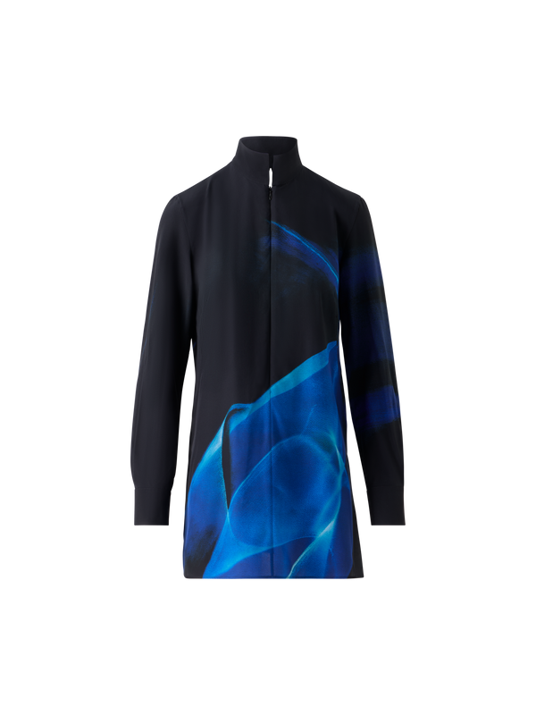 Designer Seiden-Tunikabluse im Alyson Cyanotype Print - Dunkelblau - Blau