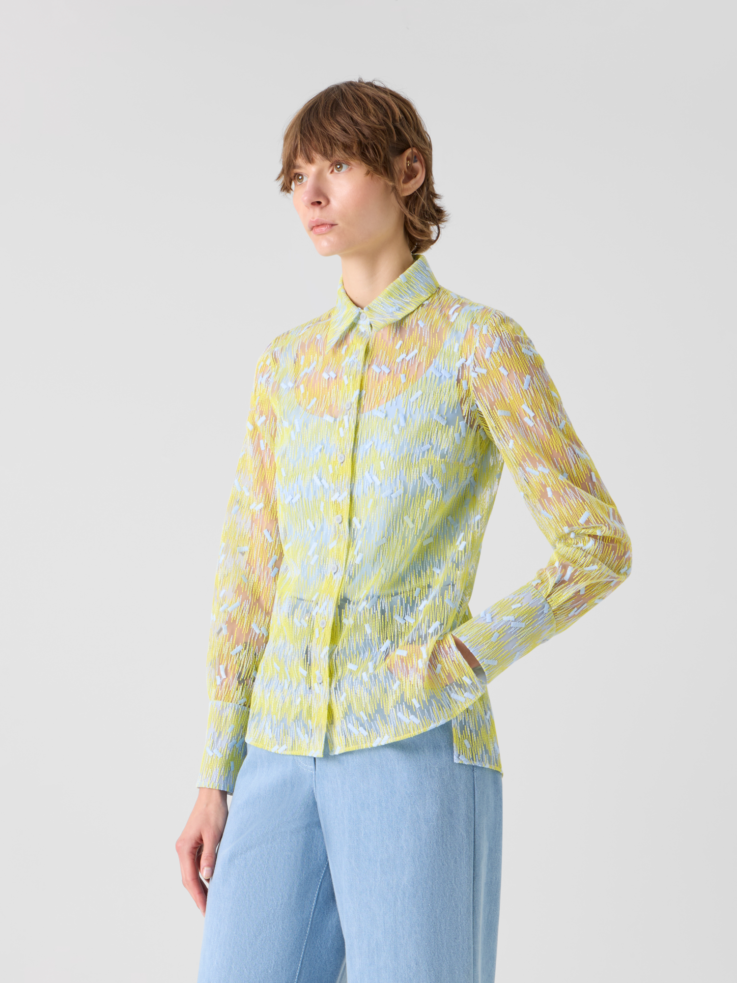 Designer Tüllbluse mit Scribble-Dot-Stickerei - Gelb 