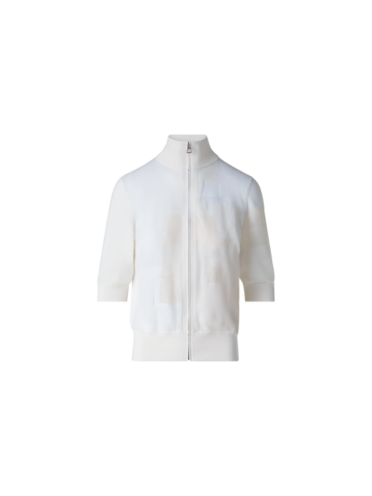 Designer Baumwoll-Kurzarmpullover mit Trapez-Jacquard - Ecru - Weiss