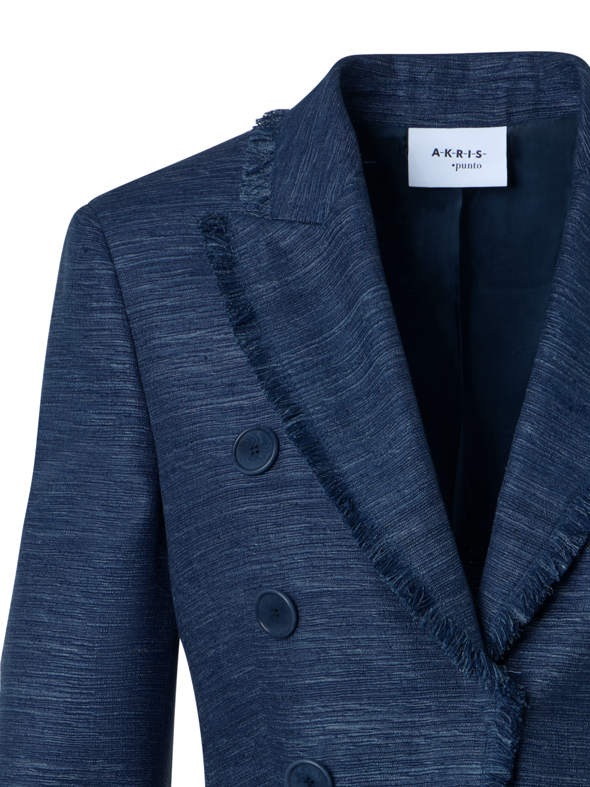 Designer Zweireiher-Jacke aus indischer Seide mit Fransen - Blau