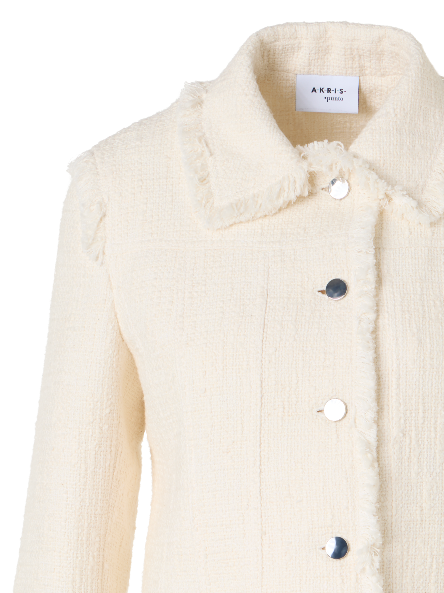 Designer Langärmelige Kurzjacke aus Baumwoll-Tweed-Mischgewebe - Ecru