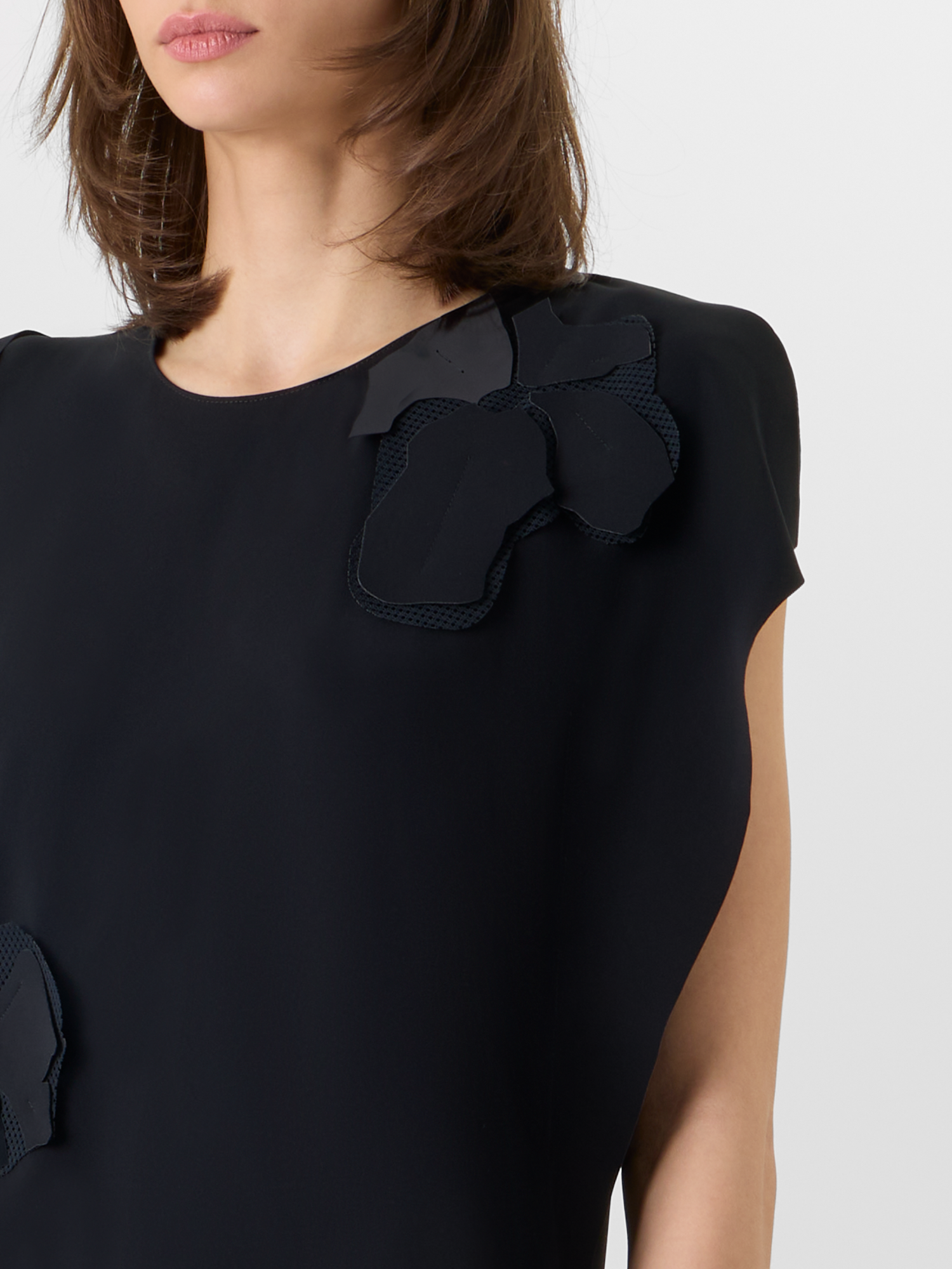 Designer Ärmelloses Midi-Kleid mit Papercut Flower Applikation - Schwarz 