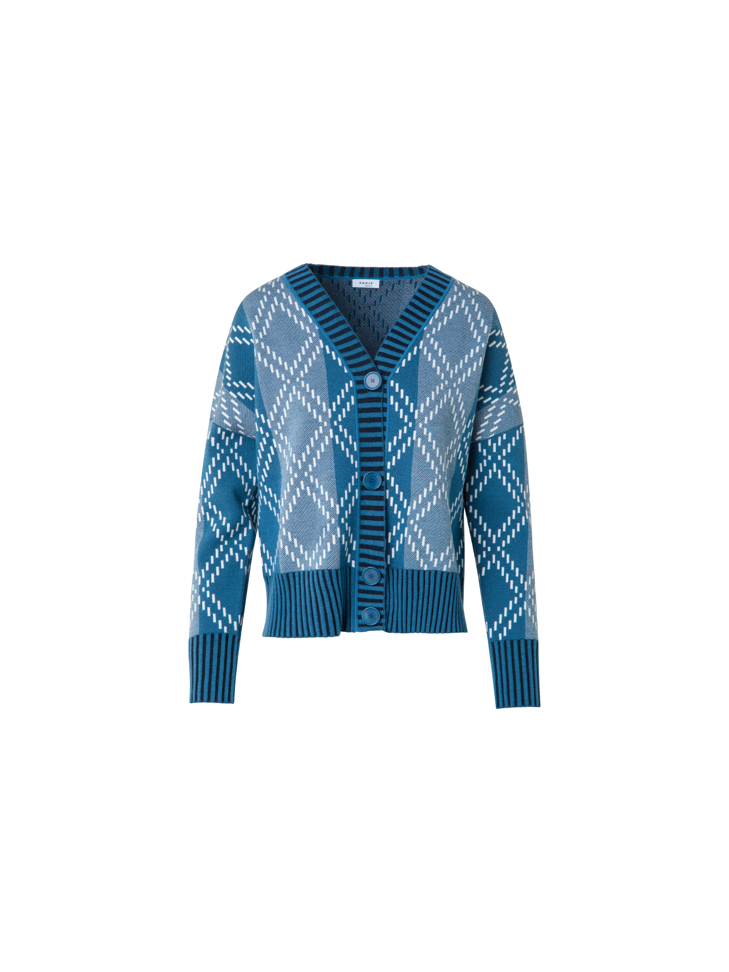 Designer Merino-Cardigan mit Diamant-Jacquard - Blau - Bunt