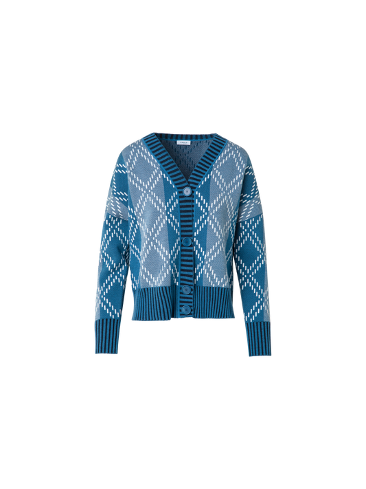 Designer Merino-Cardigan mit Diamant-Jacquard - Blau - Bunt