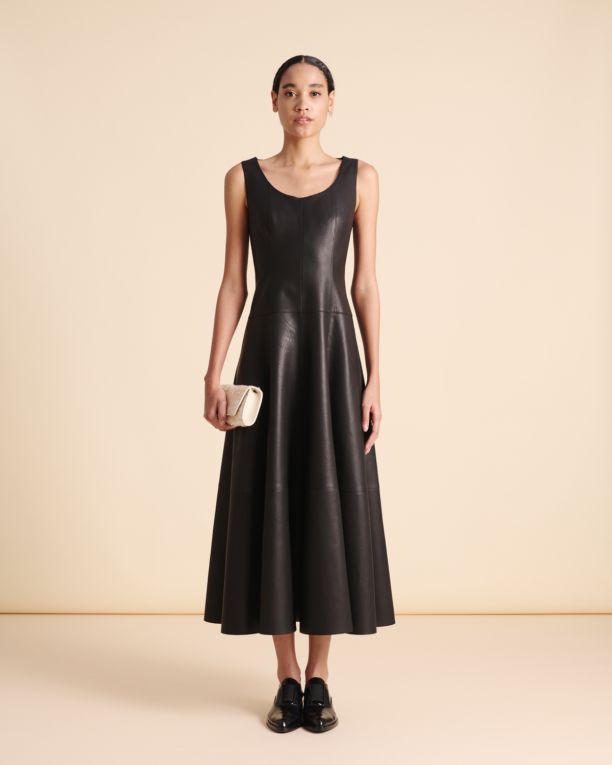 Designer Fit and Flare Lederkleid - Schwarz