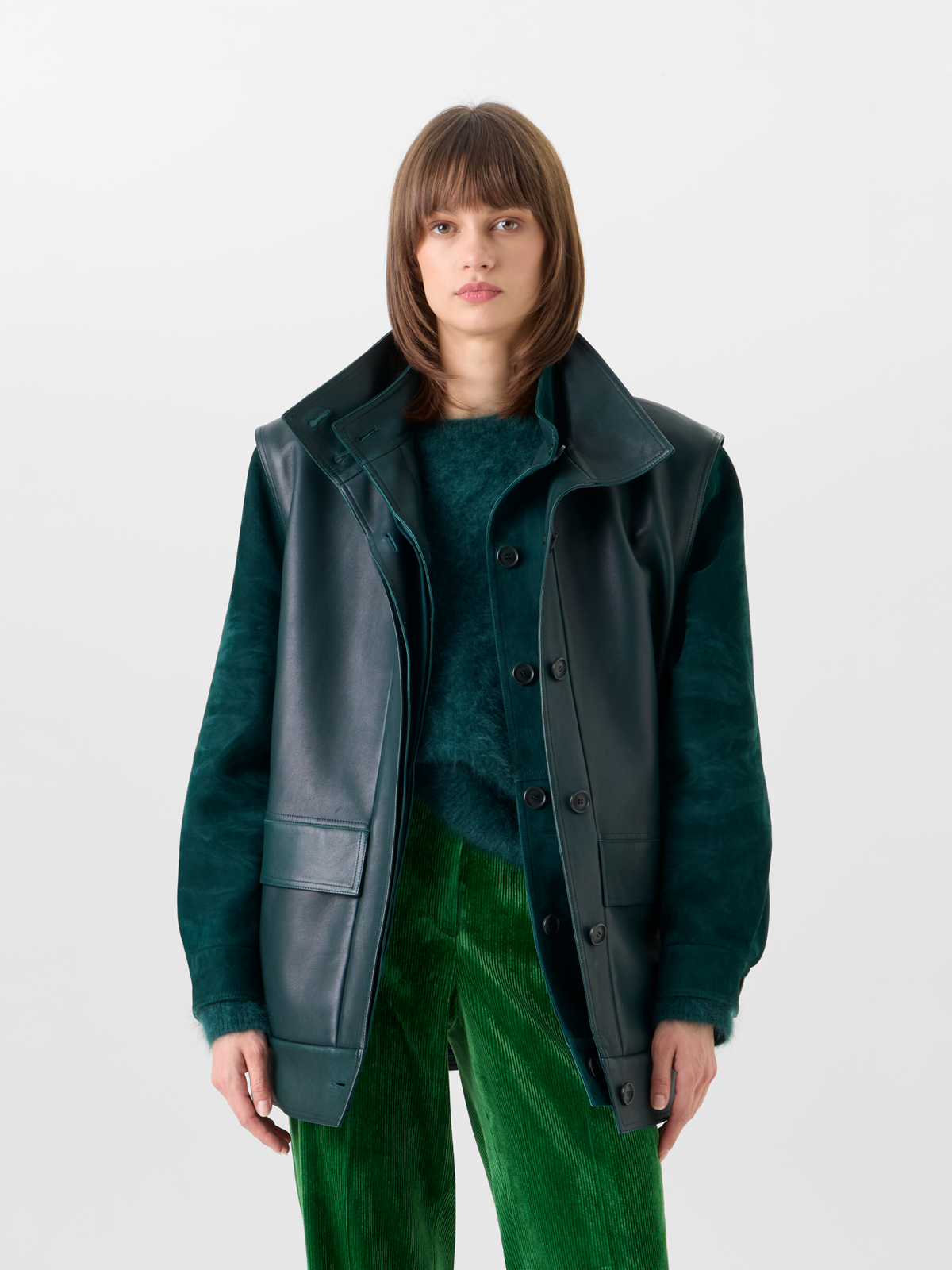 Designer Veloursleder-Blouson mit Nappaleder-Gilet - Grün #editorial