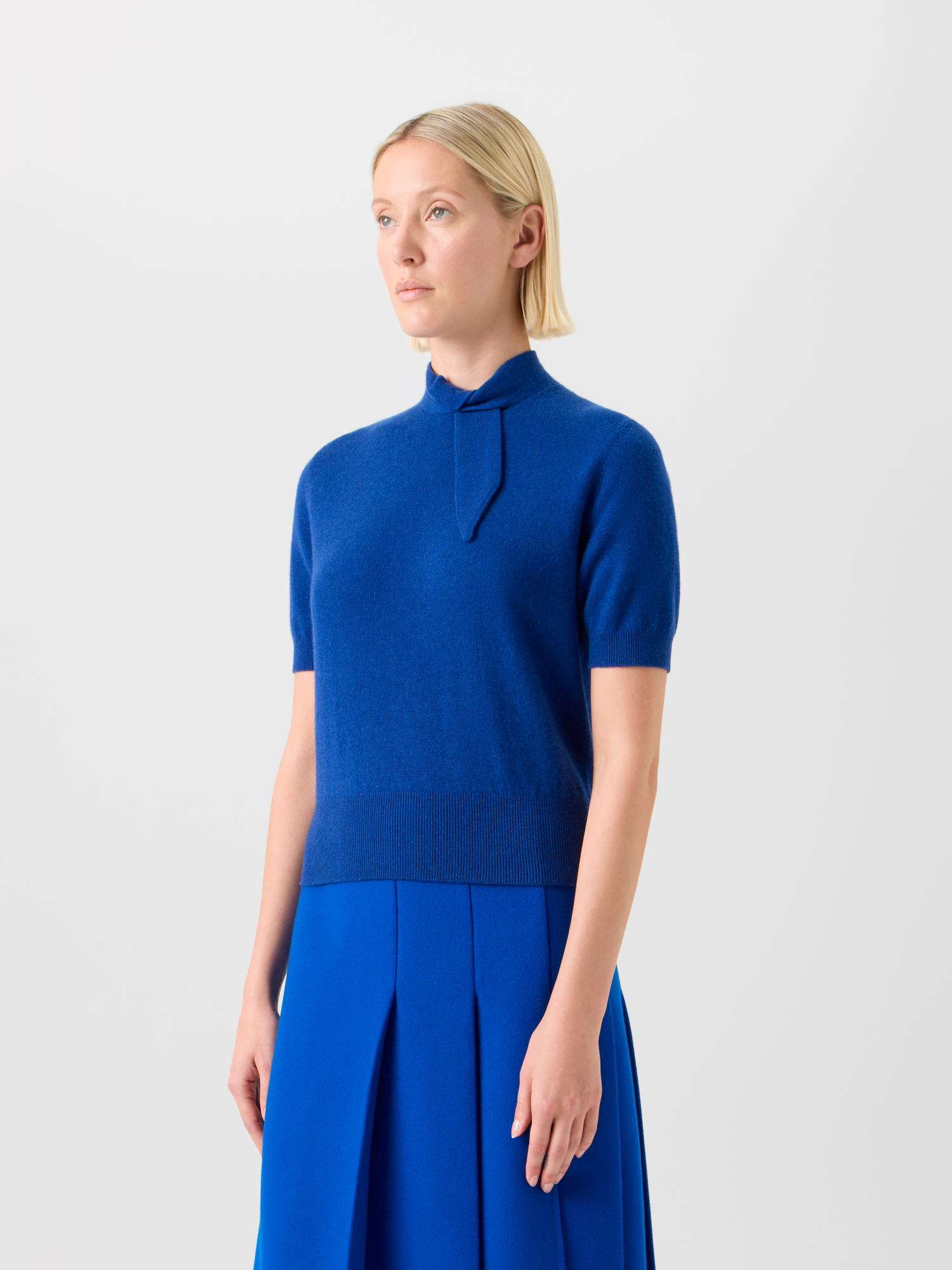 Designer Kurzarm  Kaschmir Pullover Kragen Knoten Detail - Blau 