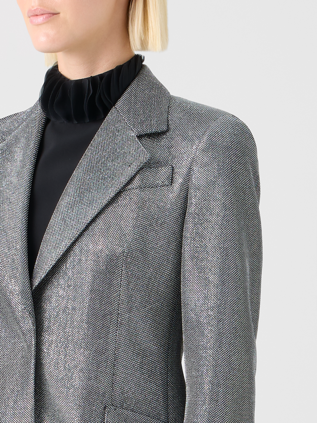 Designer Blazer aus Metallic-Vogelaugen-Jersey - Grau - Silber #editorial