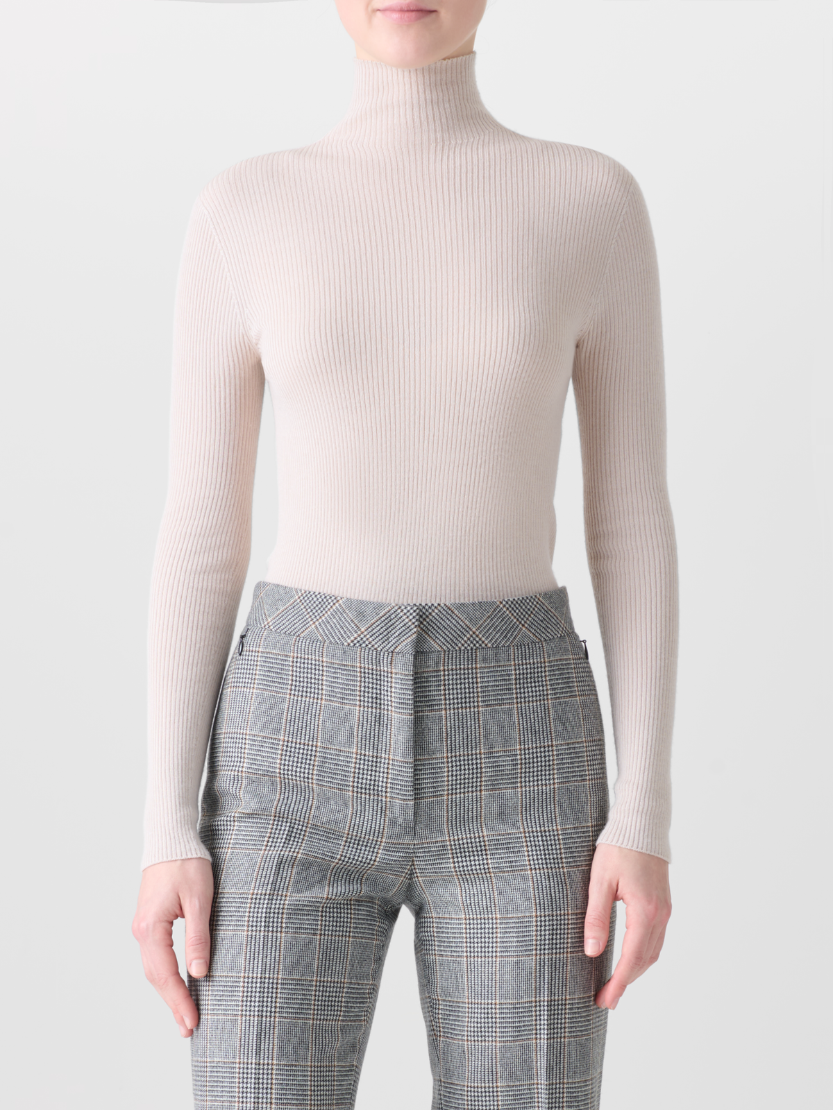 Designer Kaschmir-Seiden-Strickpullover mit Stehkragen - Beige