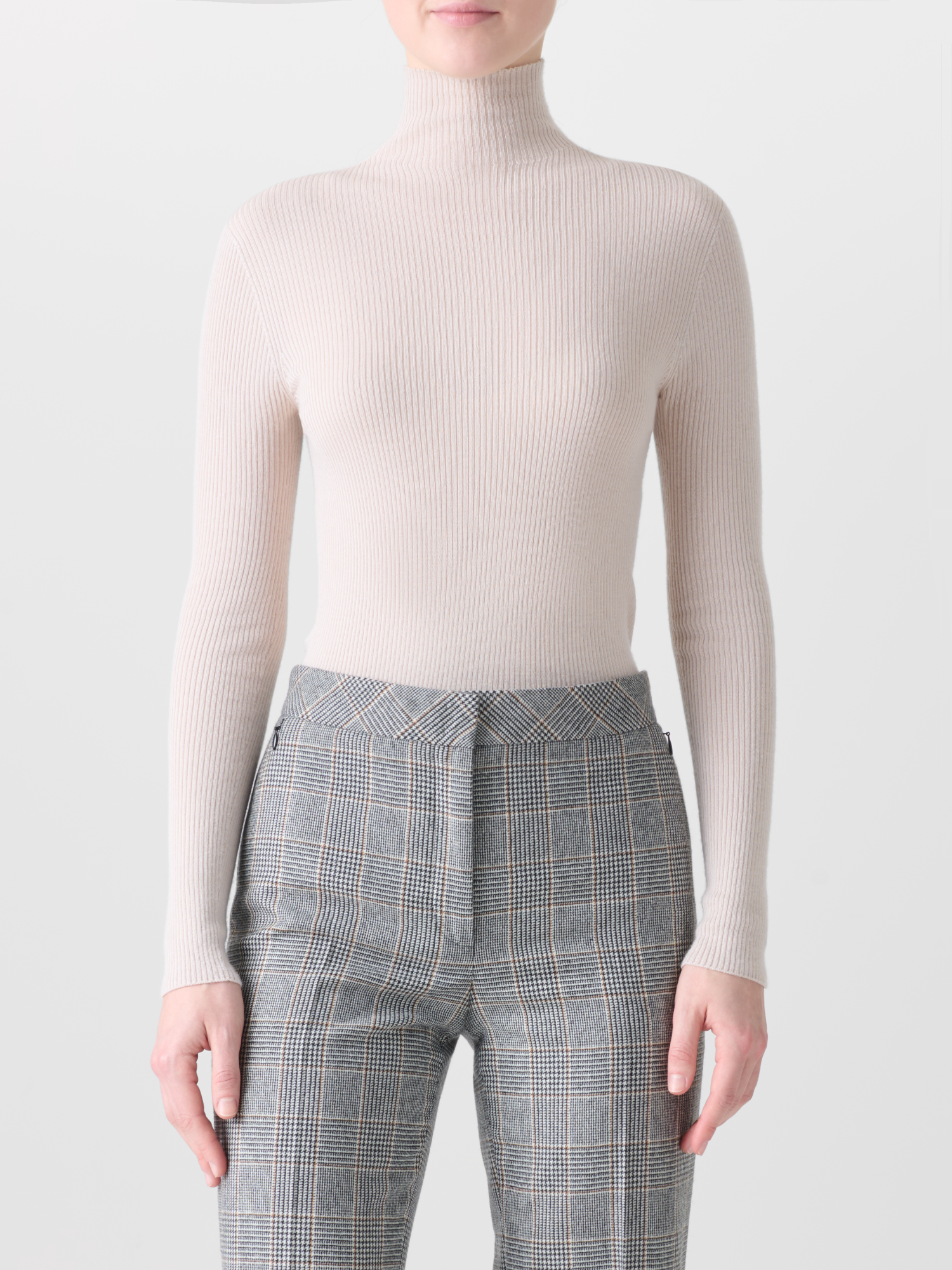 Designer Kaschmir-Seiden-Strickpullover mit Stehkragen - Beige