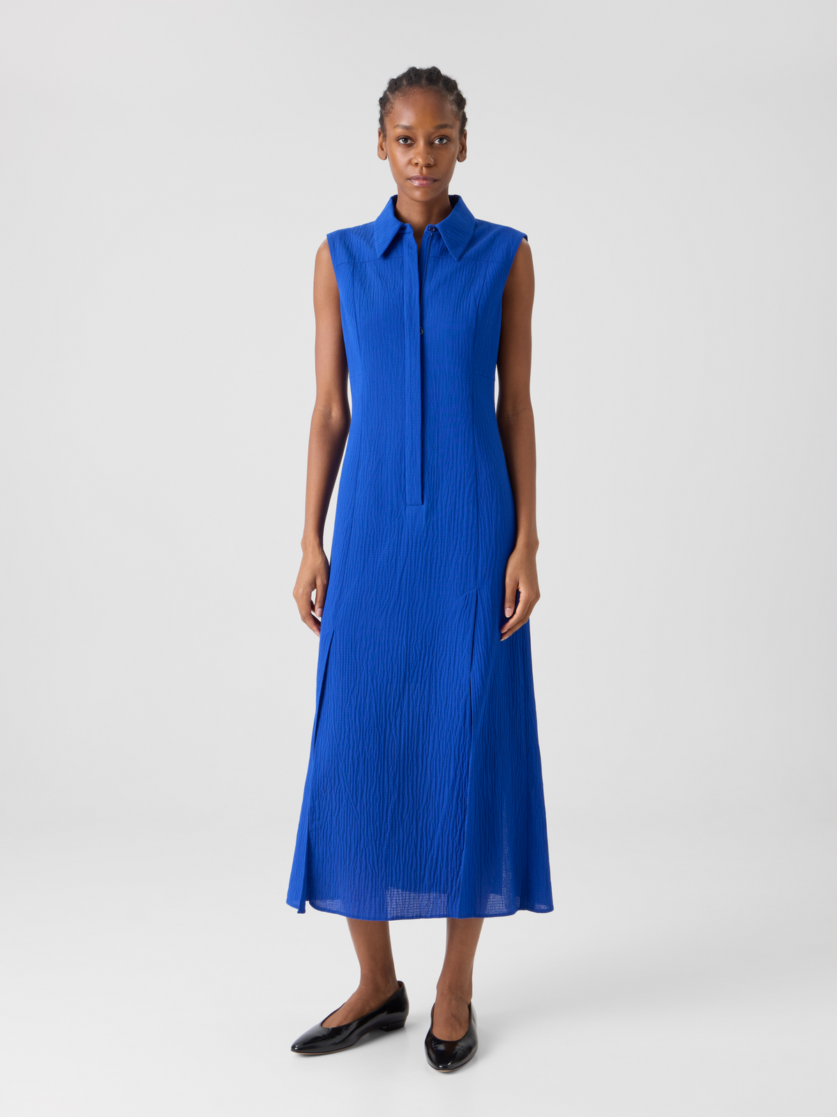 Designer Midi-Hemdblusenkleid aus strukturierter Baumwollseide - Blau #editorial