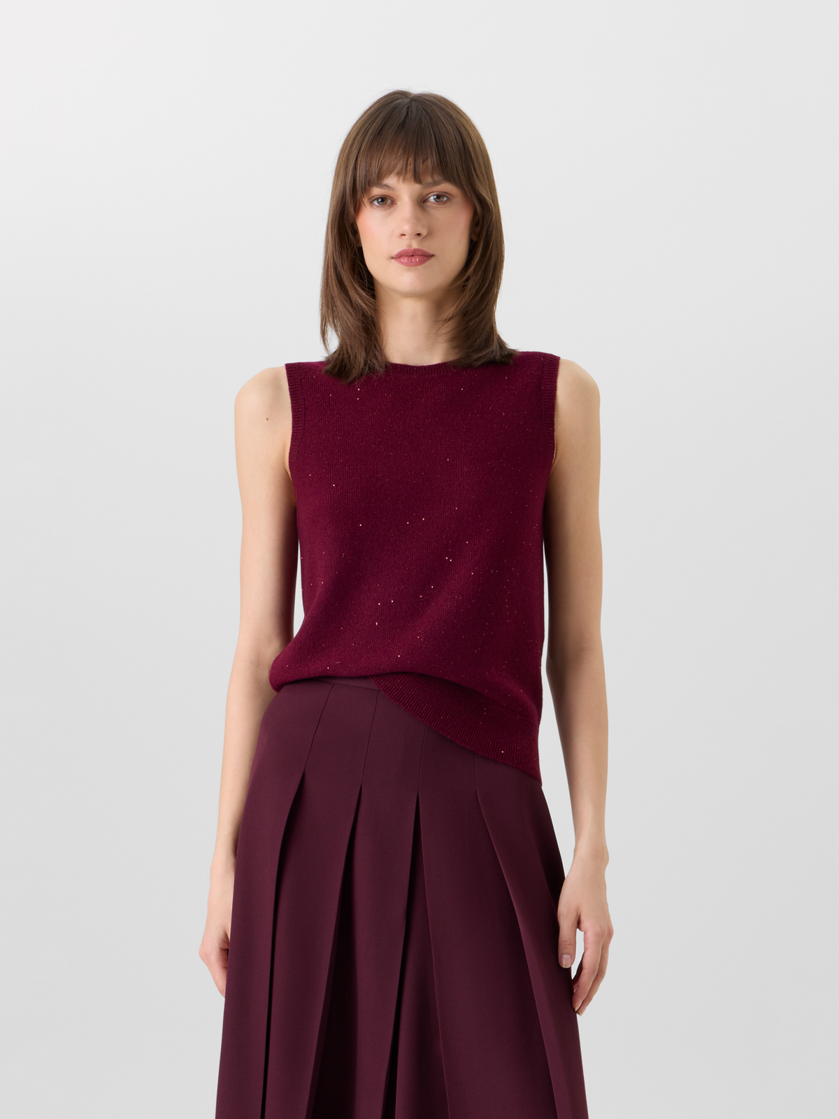 Designer Ärmelloses Top aus Kaschmir-Lamé mit Pailletten - Weinrot - Rot 