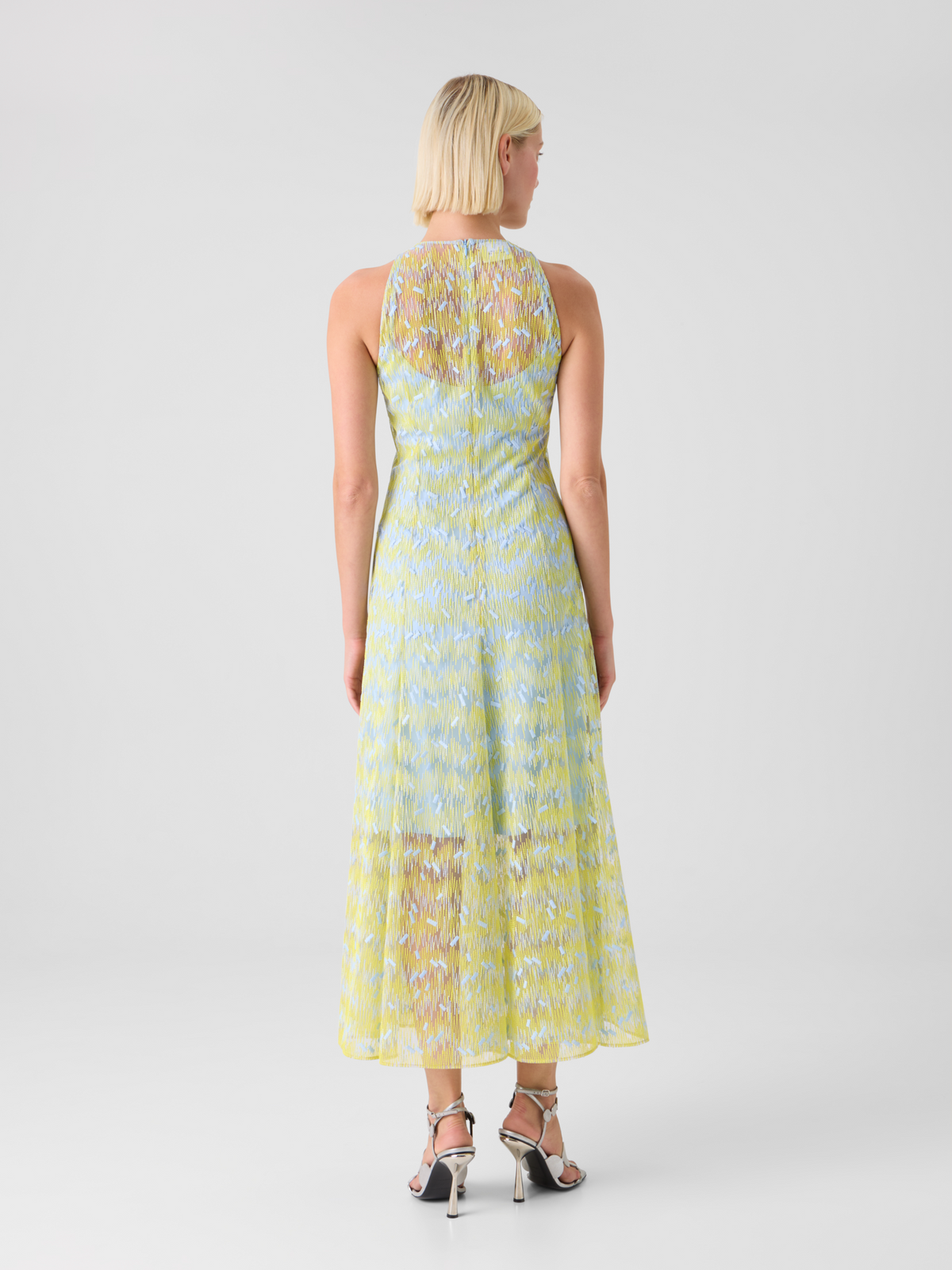 Designer Transparentes ausgestelltes Midikleid mit Scribble-Dot-Stickerei - Blau - Gelb #editorial