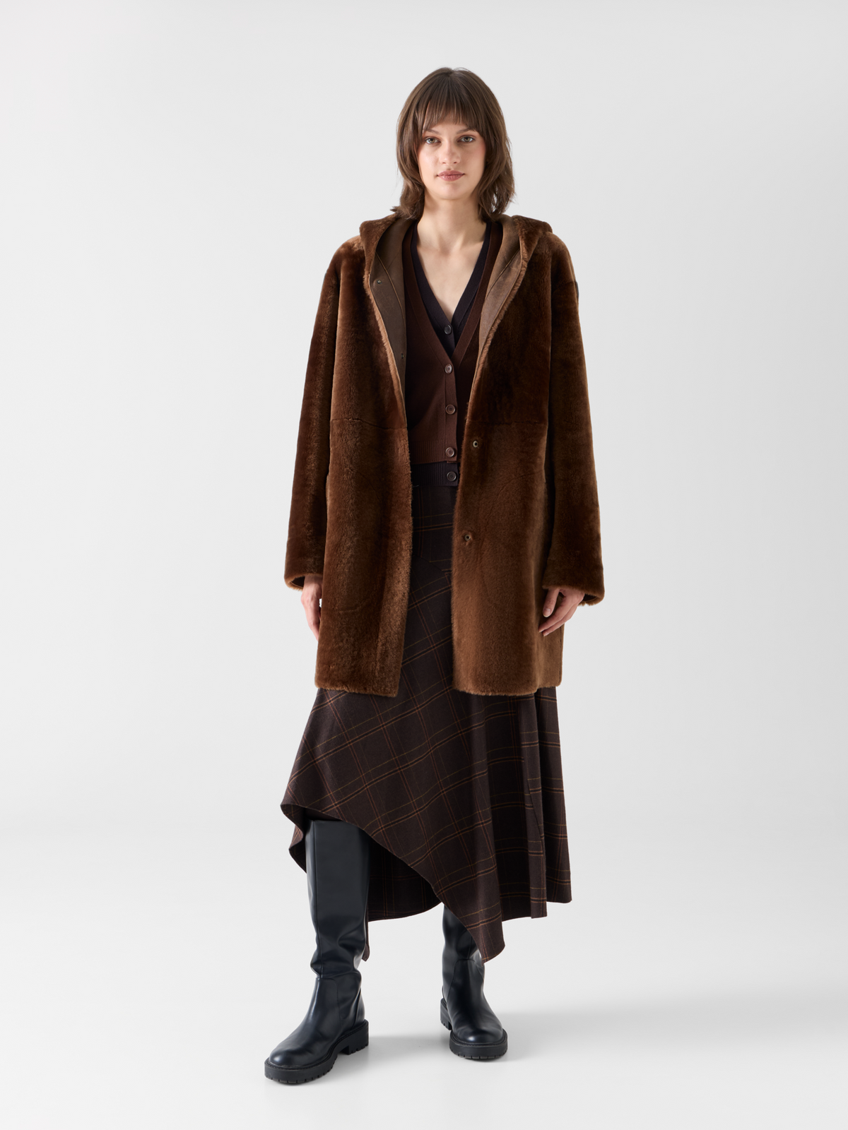Designer Oversize-Wendeparka aus Lammfell mit Kapuze - Braun 