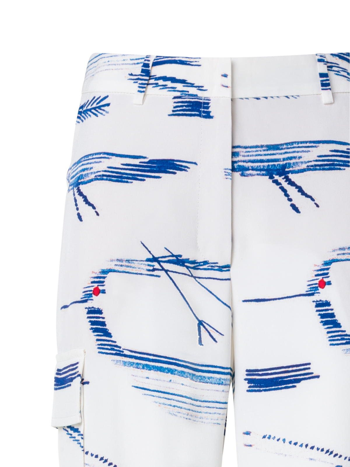 Designer Seiden-Cargo-Hose mit Kasuri Birds Druck - Blau - Bunt - Ecru - Weiss