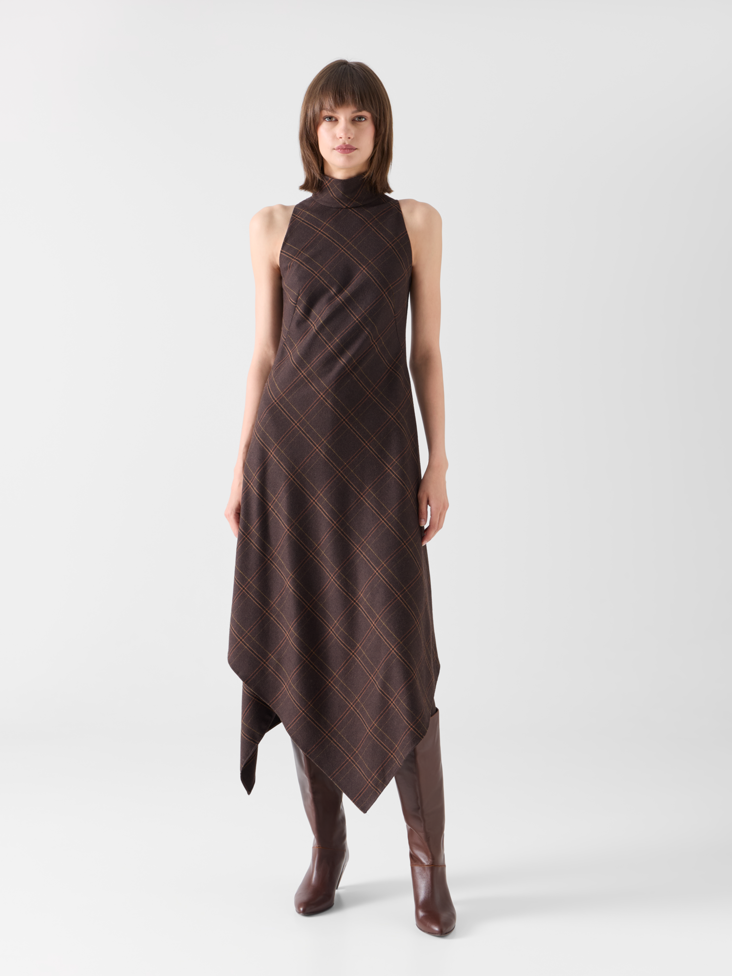 Designer Neckholder-Midikleid aus kariertem Flanell - Braun 