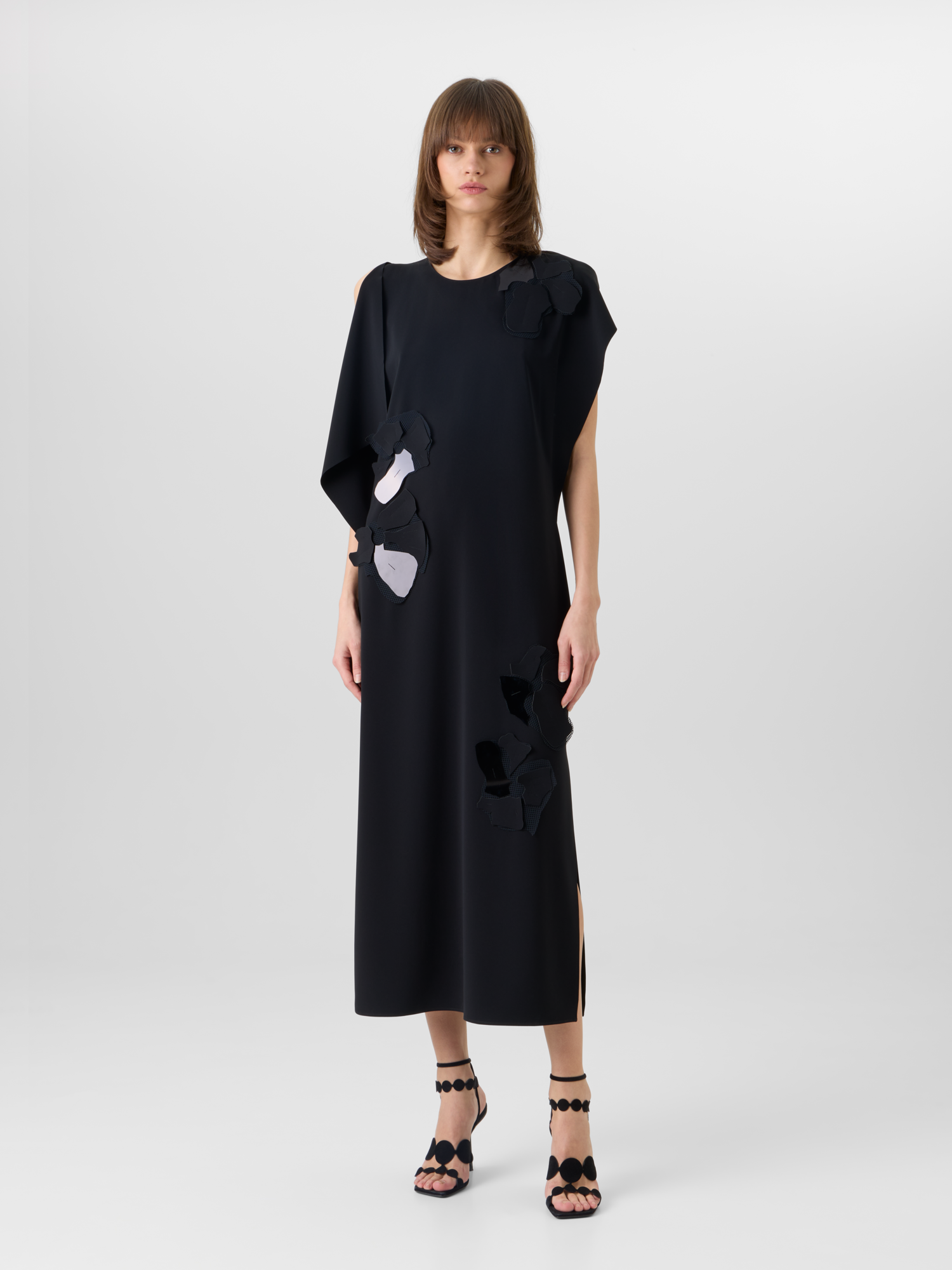 Designer Ärmelloses Midi-Kleid mit Papercut Flower Applikation - Schwarz 