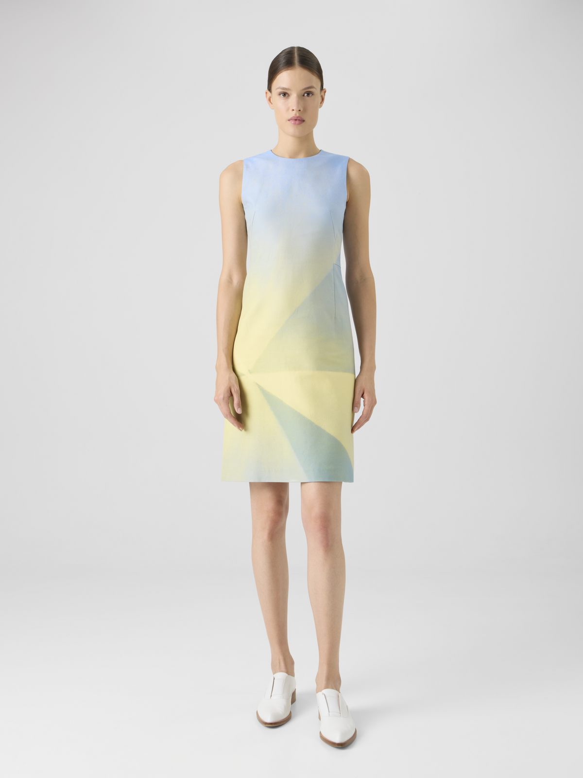 Designer Doubleface-Kleid aus Seidenbaumwolle mit Sonnenstrahlen-Print - Blau - Bunt - Gelb #editorial