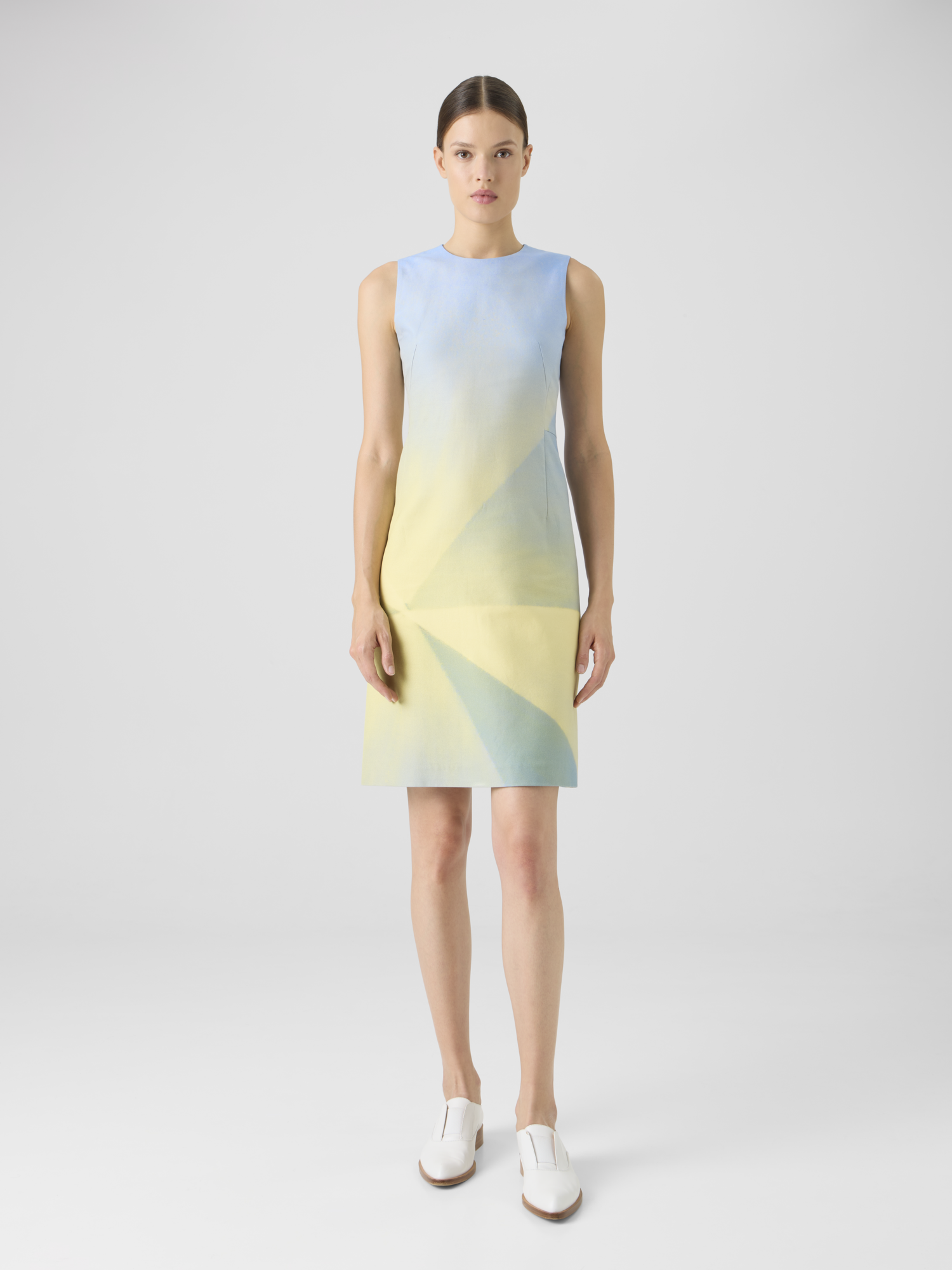 Designer Doubleface-Kleid aus Seidenbaumwolle mit Sonnenstrahlen-Print - Blau - Bunt - Gelb 