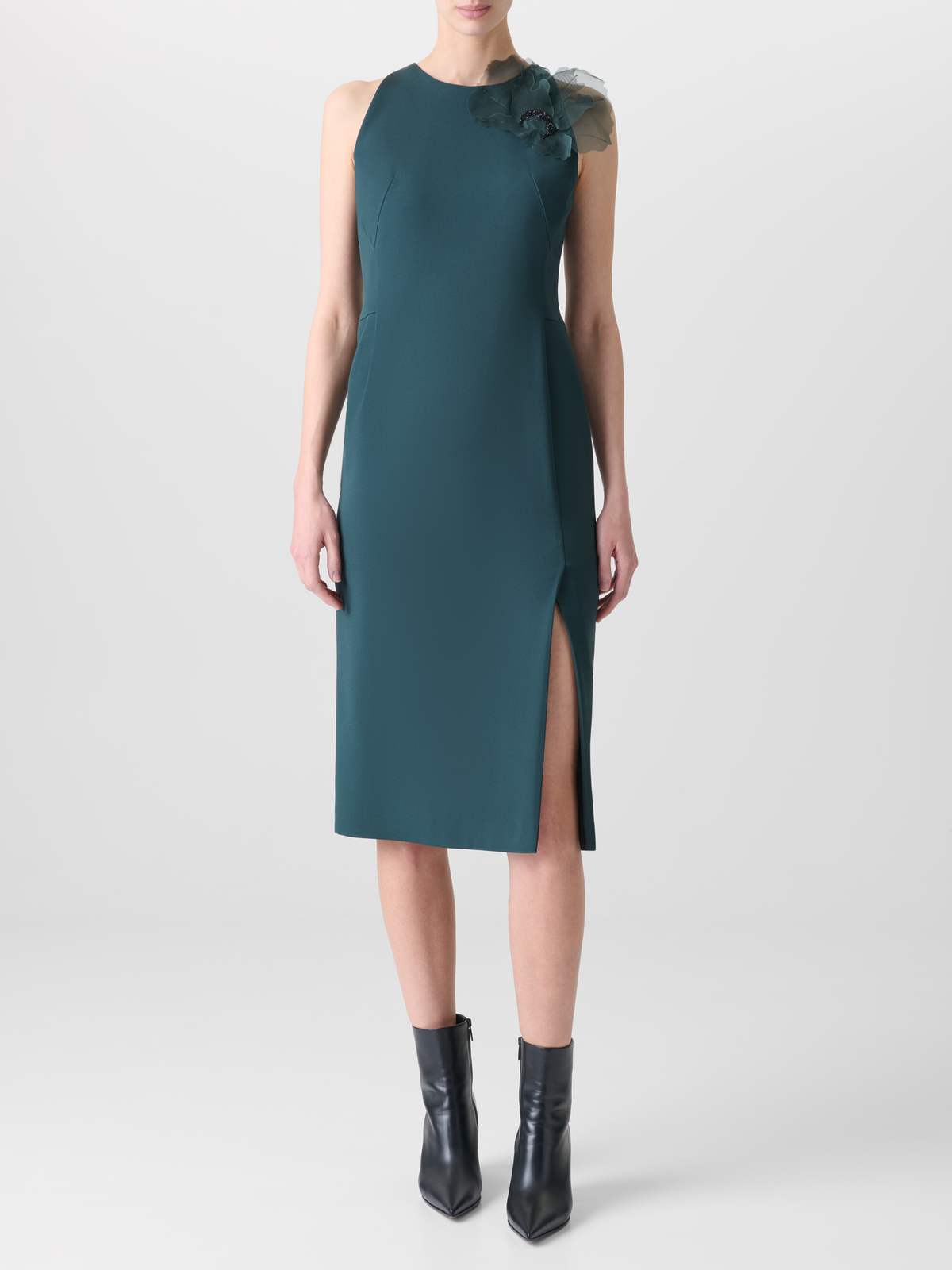 Designer Seidenkleid mit 3D Anemone - Grün