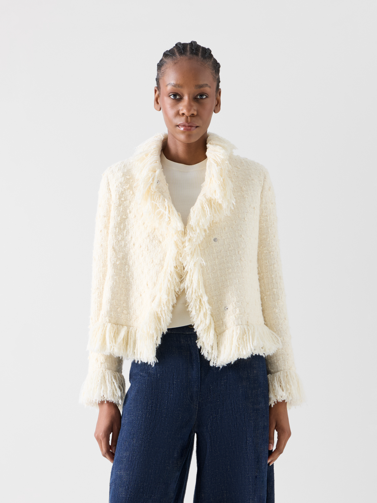 Designer Tweedjacke mit Fransenkanten - Ecru 