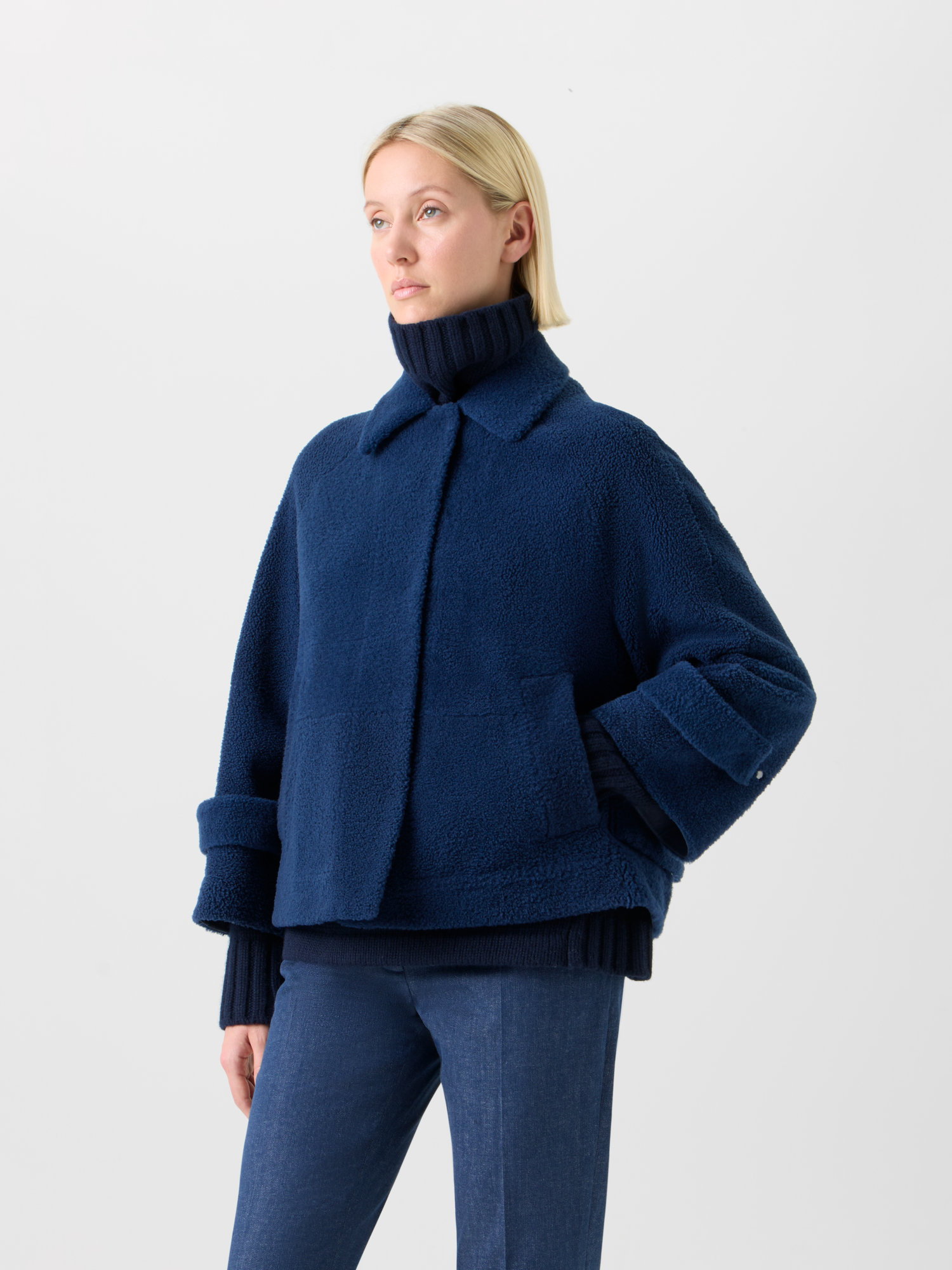 Designer Kurze A-Linien Lammfell Jacke - Dunkelblau - Blau 