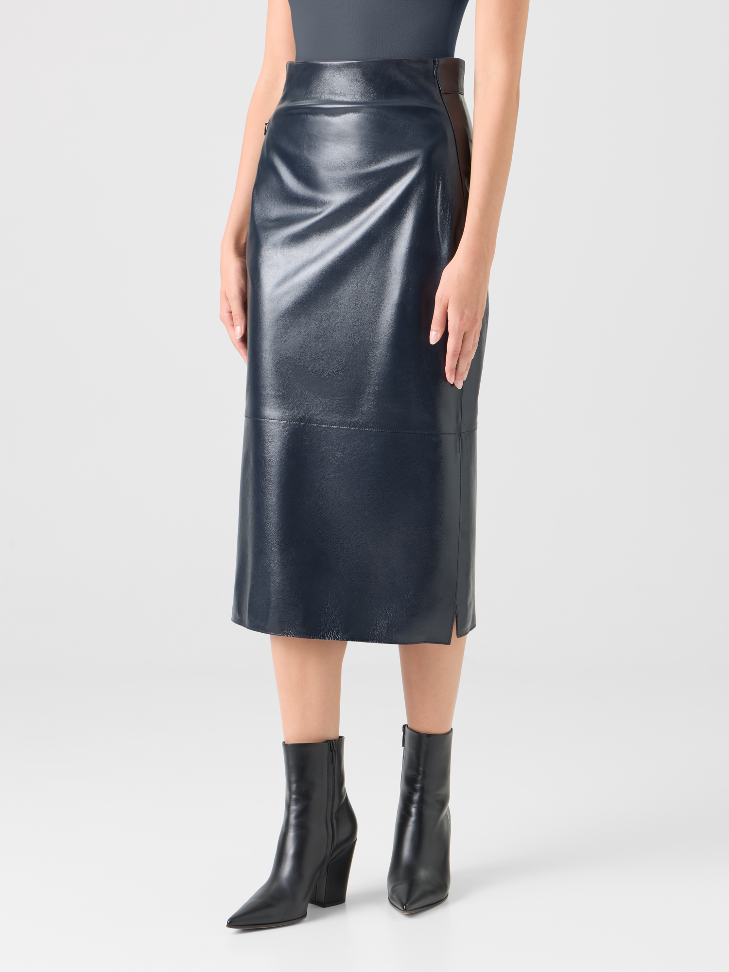 Designer Lackierter Midi-Bleistiftrock aus Nappaleder - Dunkelblau 