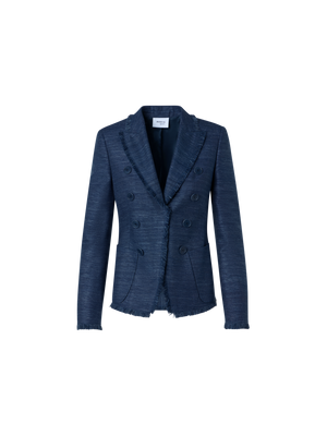 Designer Zweireiher-Jacke aus indischer Seide mit Fransen - Blau