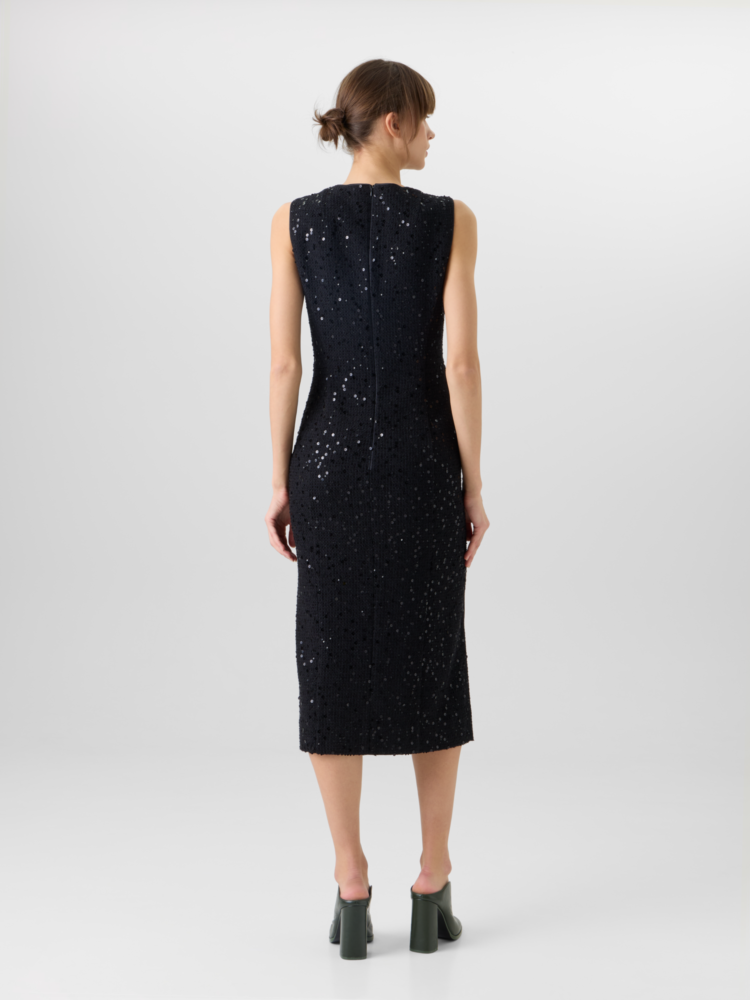 Designer Ärmelloses Midi-Etuikleid aus Baumwoll-Woll-Tweed mit Pailletten - Schwarz 