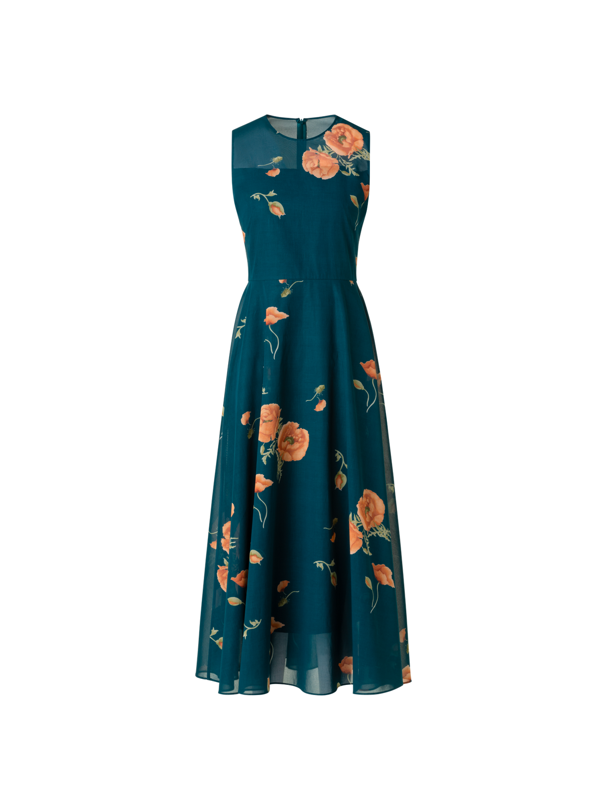 Designer A-Linien Baumwoll-Midikleid mit Anemone Druck - Grün - Bunt